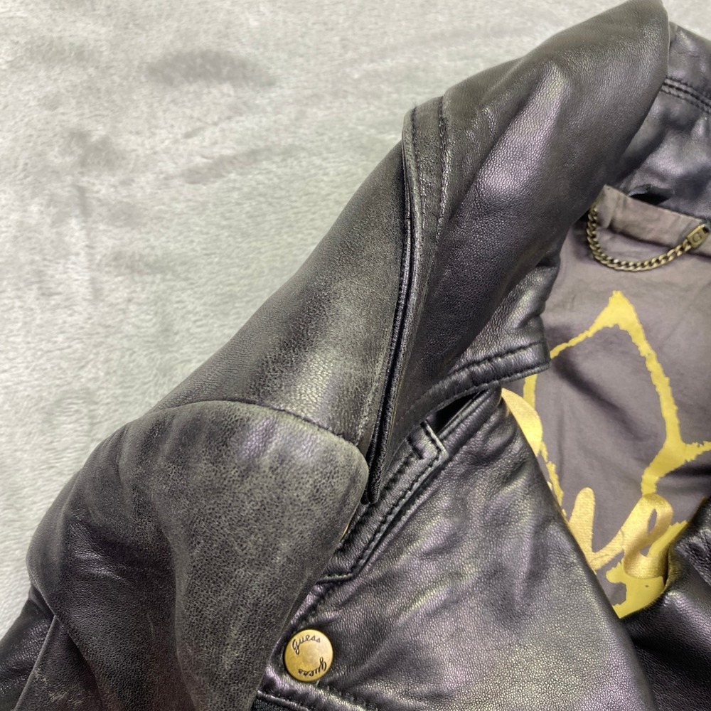 VTG Guess Womens Black Leather Moto Biker Jacket Asymmetrical Zip Brass Sz S/P - Picture 8 of 12